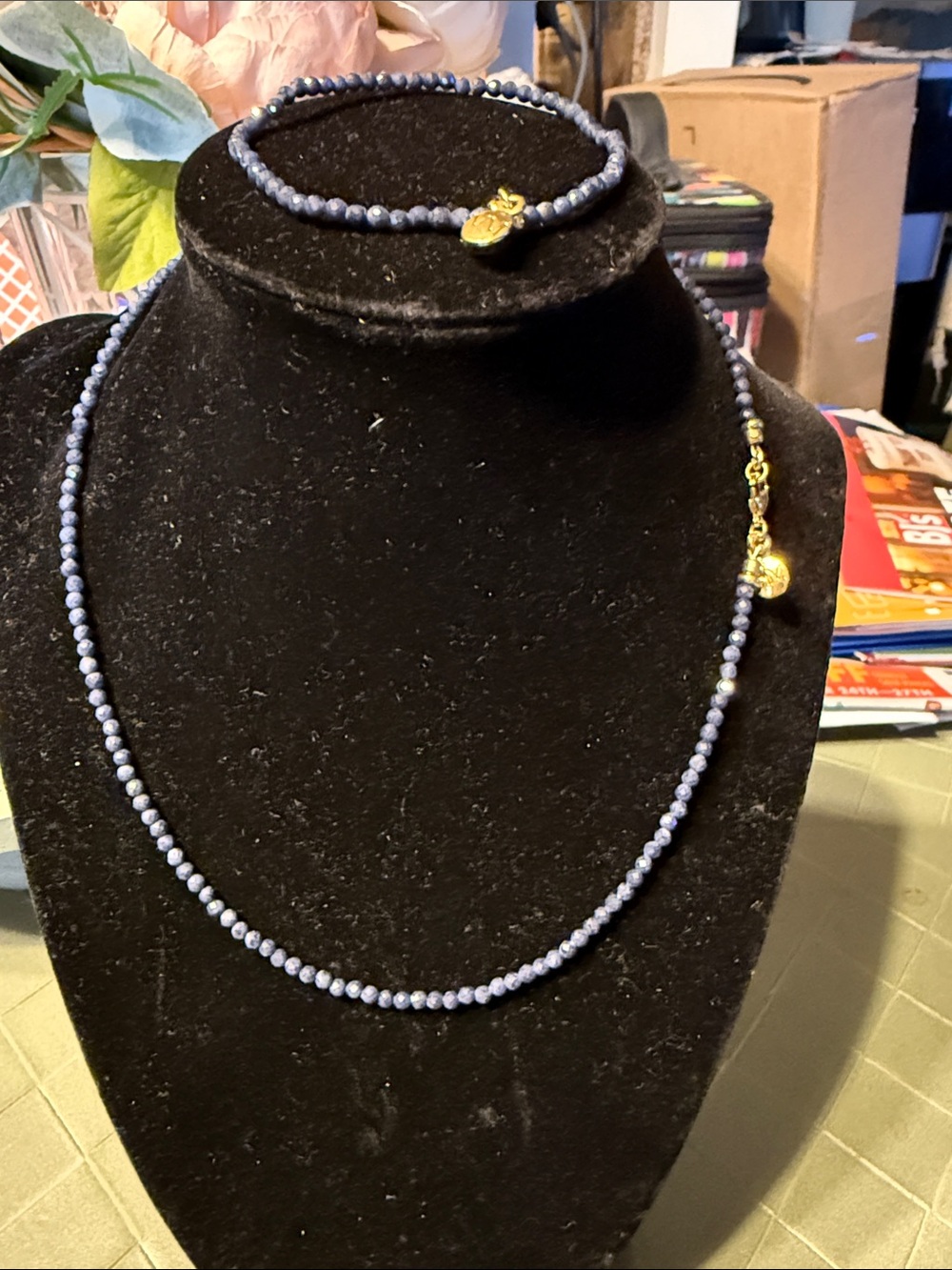 Classic Blue Bead Necklace and Bracelet Set with Gold Accents